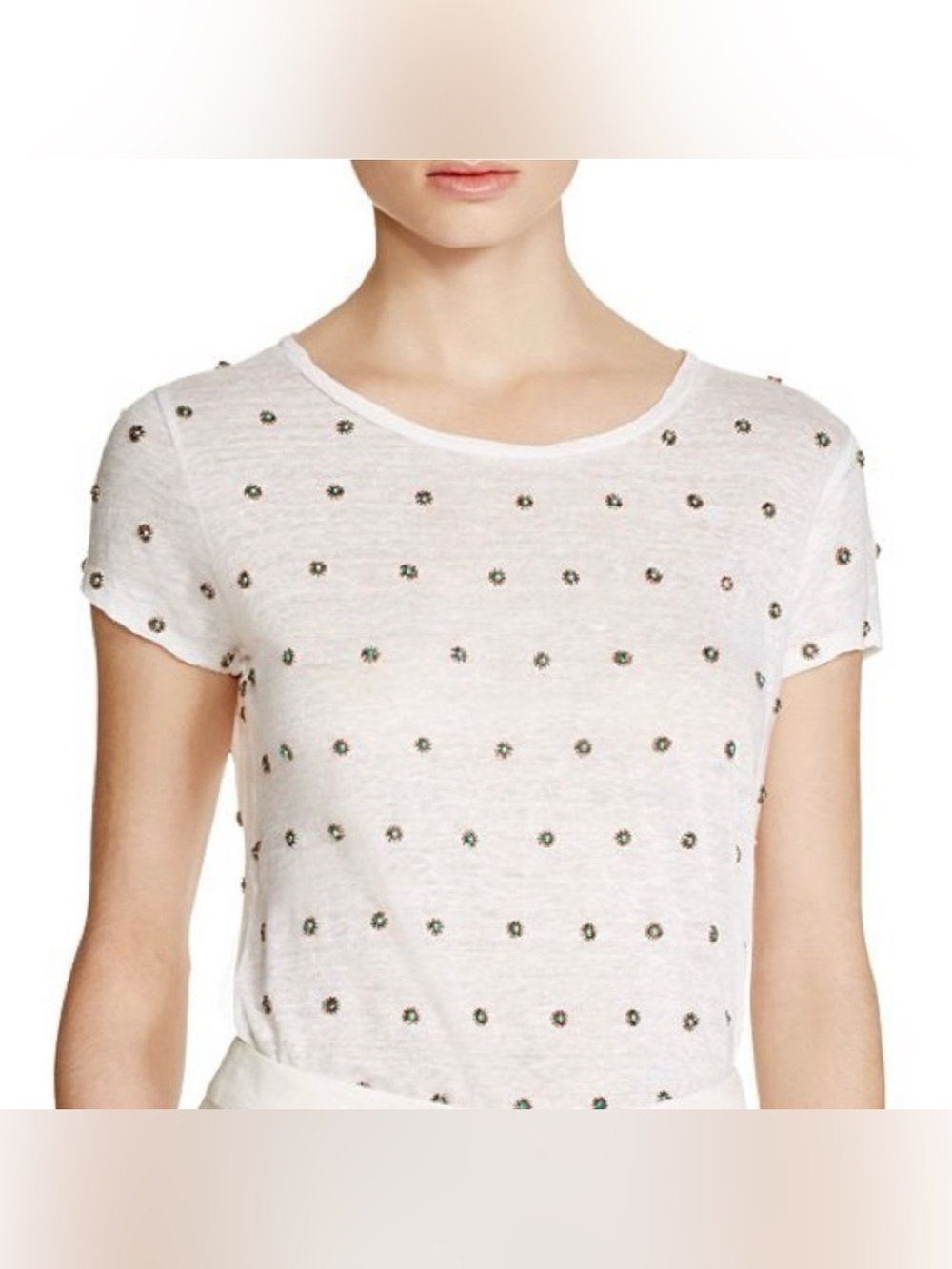 Alice + Olivia White Short-Sleeve Tee with Beaded Jeweled Studs